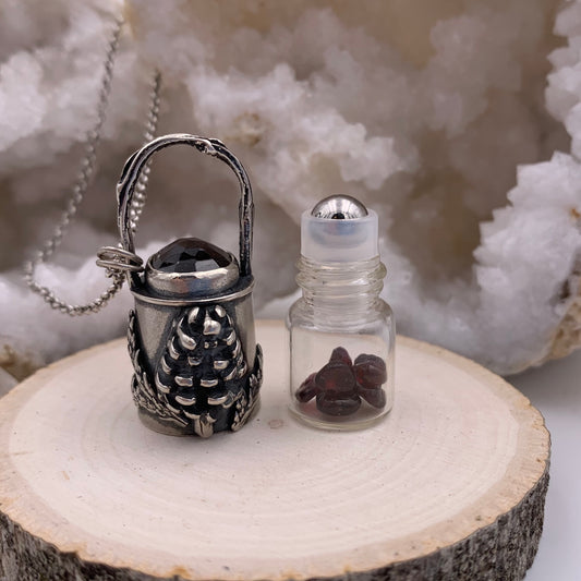 Essential Oil Roller Necklace // Garnet Pinecone