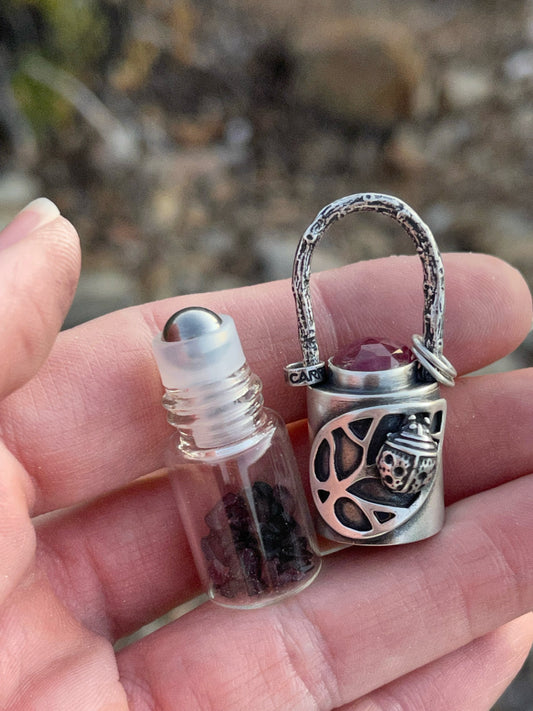 Lady Bug Roller Bottle Necklace // Ruby + Garnet