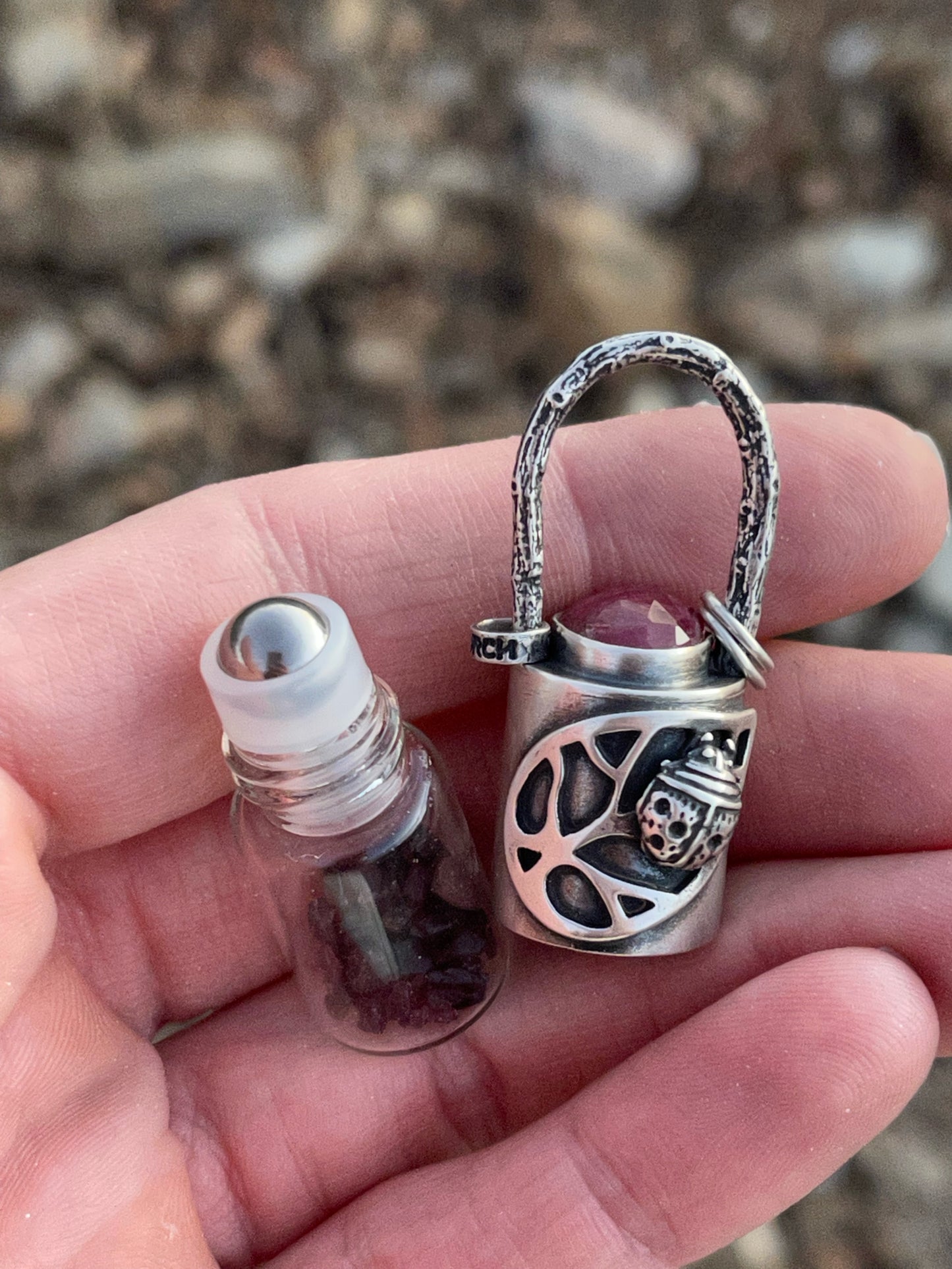 Lady Bug Roller Bottle Necklace // Ruby + Garnet