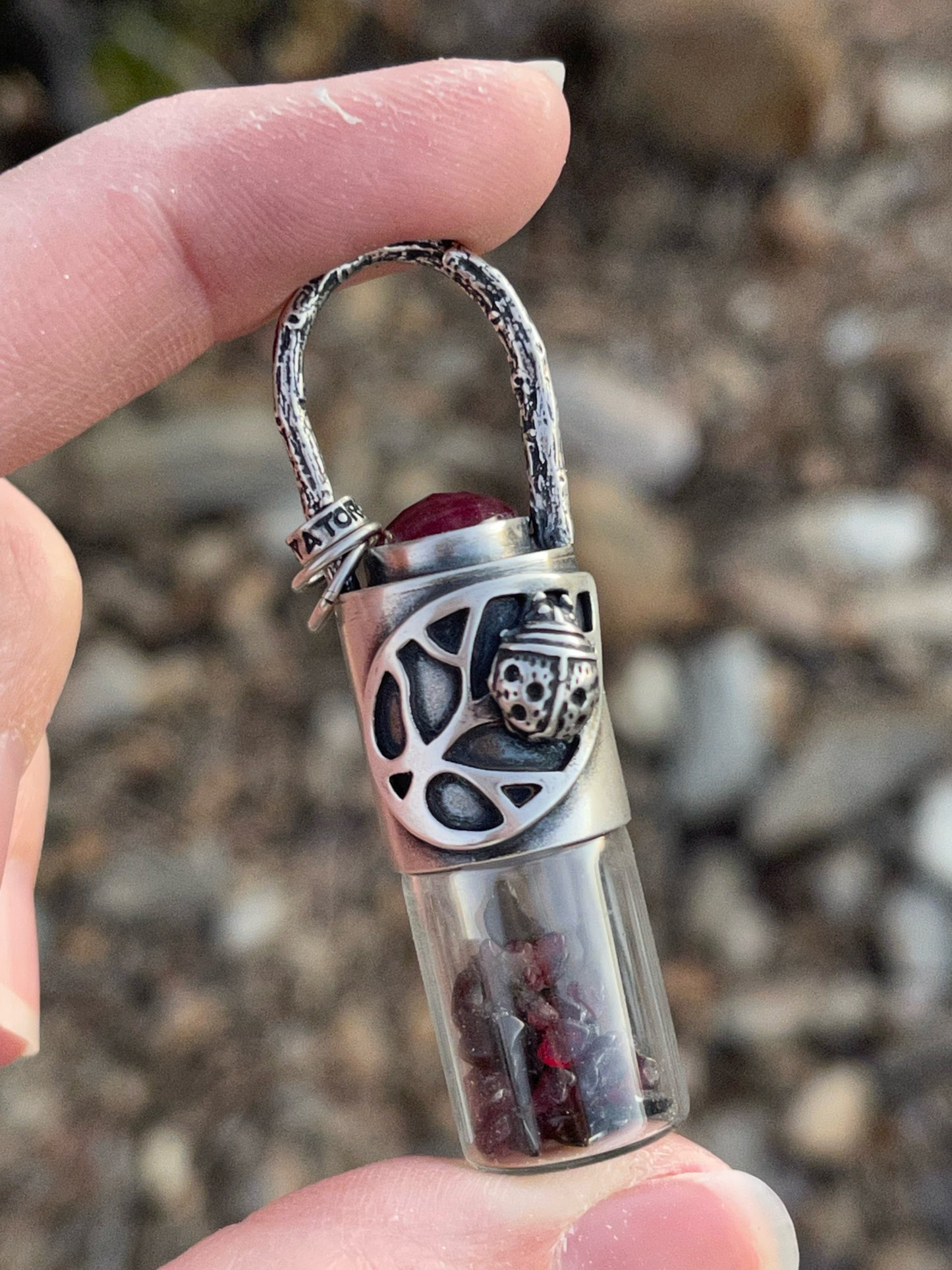 Lady Bug Roller Bottle Necklace // Ruby + Garnet