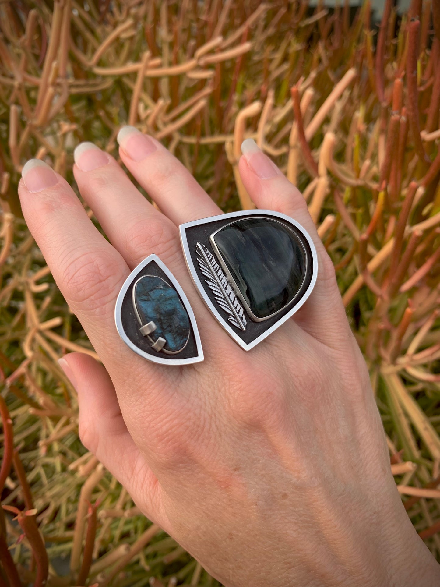 Light in the Darkness Split Shank Ring // Larsonite Jasper & Labradorite // Size 7.5